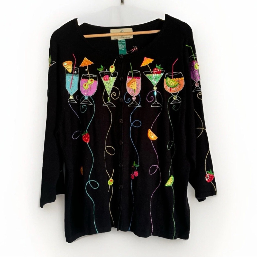 Design Options Embroidered Black Cardigan Size 1X Topical Island Glam Party